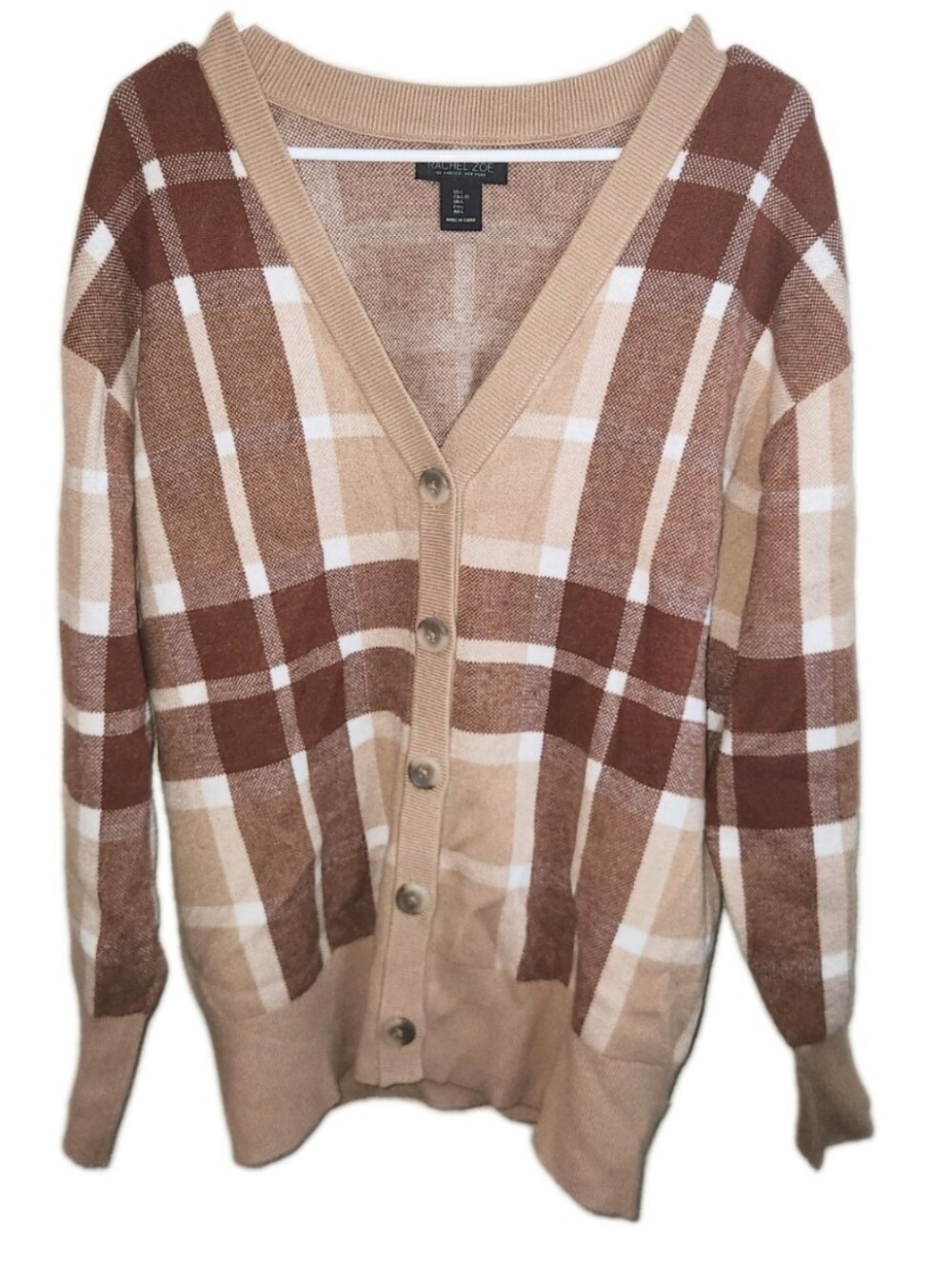 Rachel Zoe Brown Plaid Button Down Cardigan Sweater Size Large